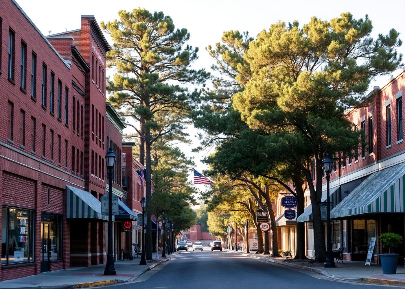 Brick storefronts and pines lining a quiet main street in the South Carolina Midlands